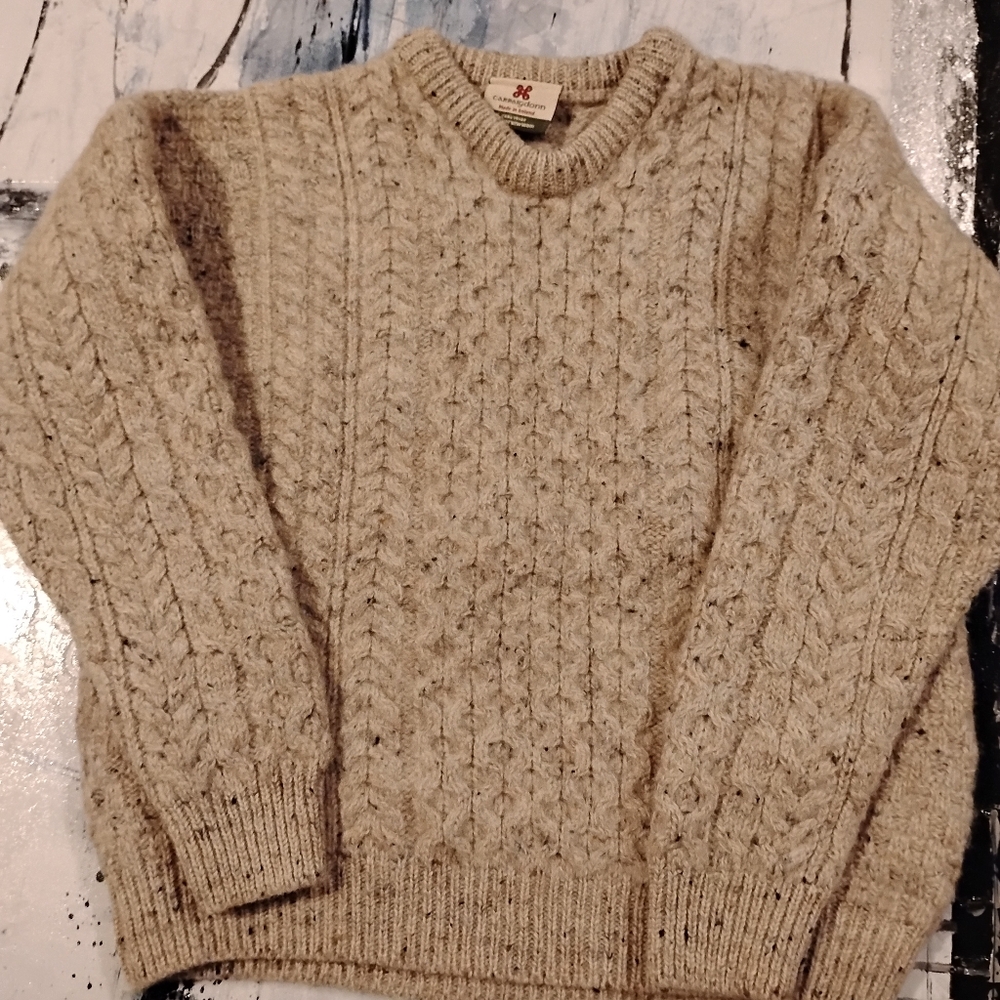 Carraig Donn Aran Sweater Women’s XS Beige Cable Knit Pullover 100% Wool